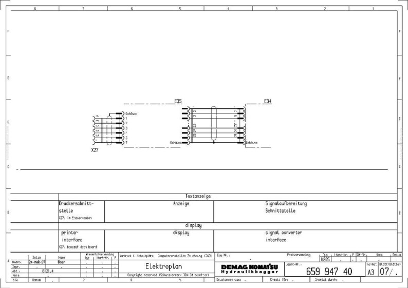 Puede incluir: Un diagrama t&eacute;cnico con texto en alem&aacute;n, incluyendo "Elektroplan" y "DEMAG KOMATSU Hydraulikbagger." El diagrama presenta varios componentes etiquetados, incluyendo "printer interface" y "display", con l&iacute;neas y conectores. El documento est&aacute; sobre un fondo blanco.