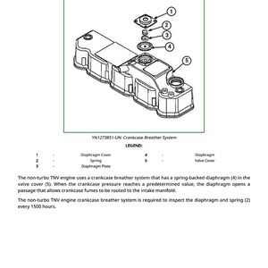 May include: Diagram of a crankcase breather system, labeled with numbers and parts like diaphragm cover, spring, and valve cover. The text explains the system's operation and maintenance.