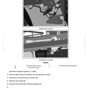 May include: Diagram illustrating the replacement of a foot throttle position sensor. The image shows close-up views of the sensor assembly with labels for wiring harness connector, cap screws, and foot throttle control assembly. Text instructions are also included.