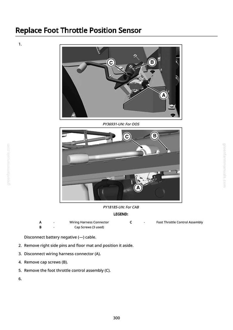 May include: Diagram illustrating the replacement of a foot throttle position sensor. The image shows close-up views of the sensor assembly with labels for wiring harness connector, cap screws, and foot throttle control assembly. Text instructions are also included.
