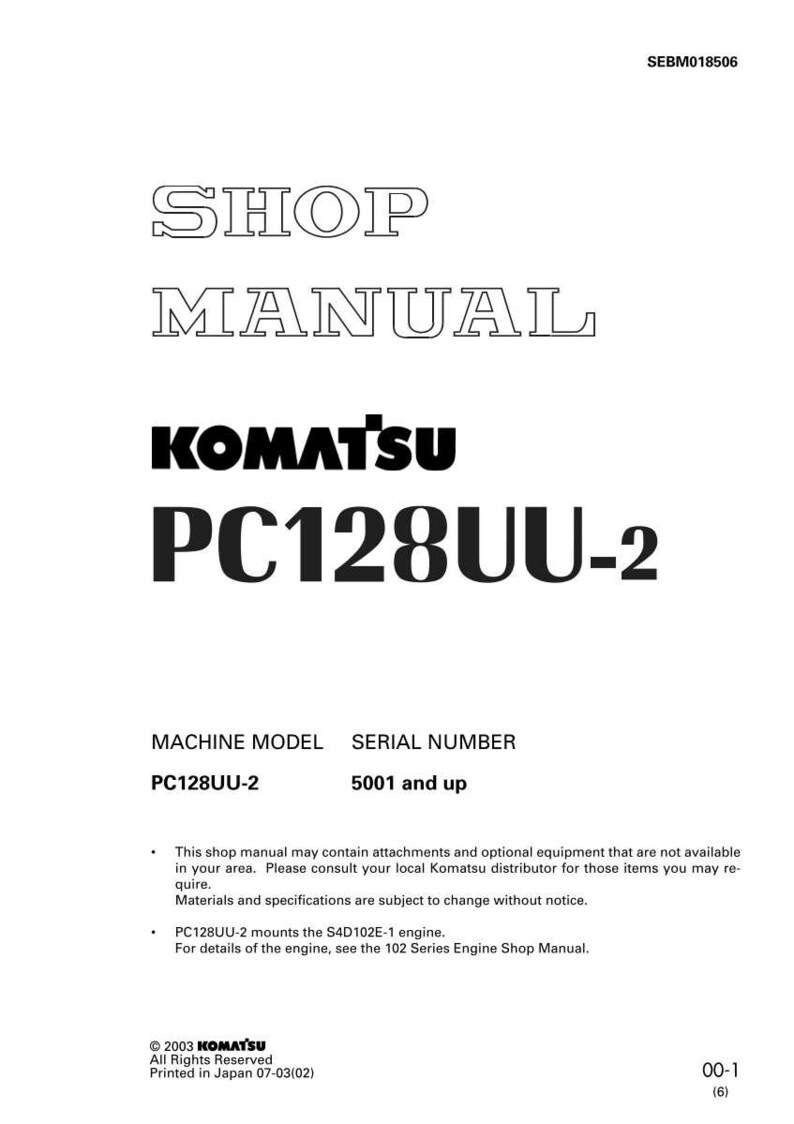 May include: A white shop manual for a Komatsu PC128UU-2 machine. The cover features the Komatsu logo and model information in bold, black text. The manual includes details about the machine model and serial number.