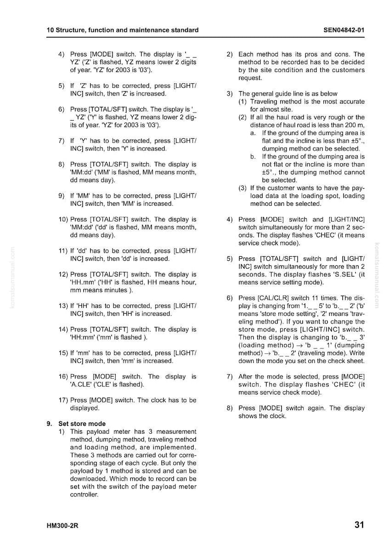 K&ouml;nnte beinhalten: Eine Seite aus einem Handbuch mit dem Titel &bdquo;10 Struktur, Funktion und Wartungsstandard&ldquo;. Der Text beschreibt, wie man den Speichermodus einstellt und die Uhrzeit auf einem Ger&auml;t korrigiert. Das Dokument enth&auml;lt Diagramme und Anweisungen f&uuml;r verschiedene Funktionen.