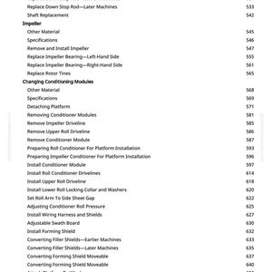 Pu&ograve; includere: Una pagina di manuale con un elenco di istruzioni e procedure, tra cui "Regolare la spaziatura dei rulli del condizionatore" e "Installare il cablaggio e le protezioni". Testo nero su sfondo bianco.