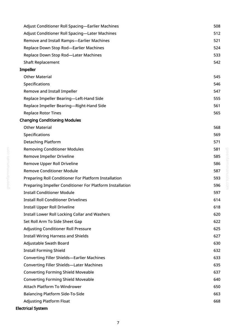 Pu&ograve; includere: Una pagina di manuale con un elenco di istruzioni e procedure, tra cui "Regolare la spaziatura dei rulli del condizionatore" e "Installare il cablaggio e le protezioni". Testo nero su sfondo bianco.