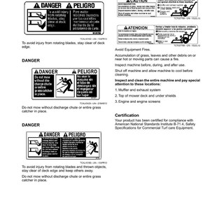 Pu&ograve; includere: Una pagina di etichette di sicurezza con il testo "Safety Labels Text" in alto. Le etichette includono avvisi "DANGER" e "CAUTION" con illustrazioni e testo in inglese e spagnolo, che forniscono istruzioni di sicurezza per una macchina.