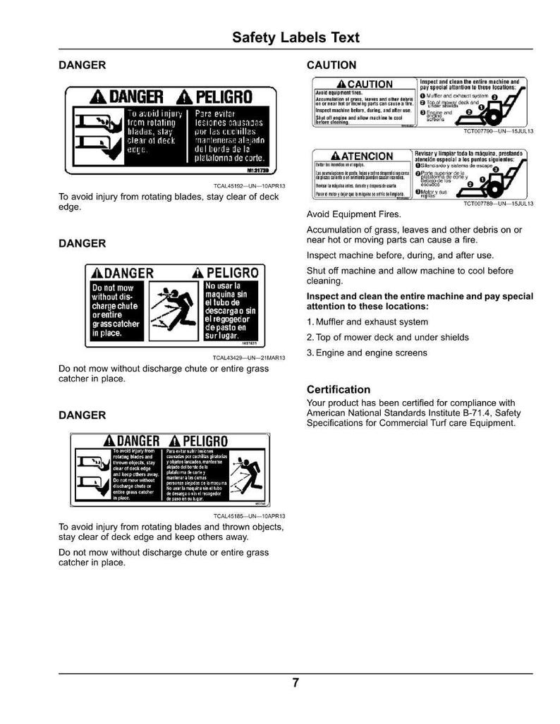 Pu&ograve; includere: Una pagina di etichette di sicurezza con il testo "Safety Labels Text" in alto. Le etichette includono avvisi "DANGER" e "CAUTION" con illustrazioni e testo in inglese e spagnolo, che forniscono istruzioni di sicurezza per una macchina.