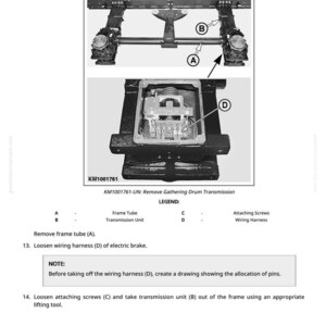 May include: Diagram of a mechanical component with labels A, B, C, and D. The image includes a detailed view of the transmission unit and frame tube, with accompanying text explaining removal steps. The text includes the model number KM1001761.