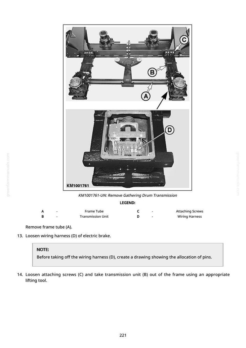 May include: Diagram of a mechanical component with labels A, B, C, and D. The image includes a detailed view of the transmission unit and frame tube, with accompanying text explaining removal steps. The text includes the model number KM1001761.