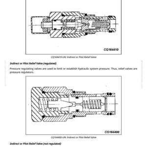 May include: Diagrams of pressure regulating valves, labeled as PRV, with internal components visible. The diagrams include the text "CQ164410" and "CQ164400", and describe indirect or pilot relief valves.