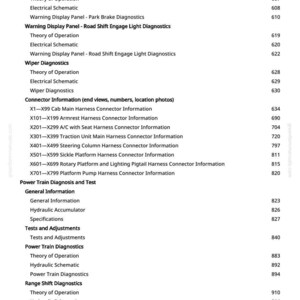 May include: A page from a manual with a table of contents. The text includes "Warning Display Panel", "Wiper Diagnostics", and "Connector Information". Numbers are listed next to each item.