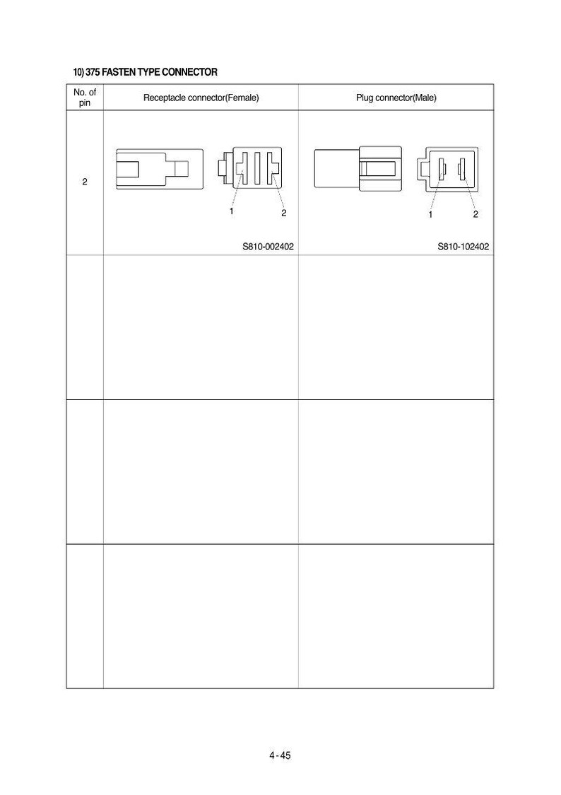 May include: Diagram of a 375 Fasten Type Connector, showing a receptacle connector (female) and a plug connector (male). The diagram includes the text "S810-002402" and "S810-102402". The image also shows the number of pins, which is 2.