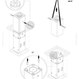 Puede incluir: Diagrama t&eacute;cnico de un componente mec&aacute;nico, con un bloque rectangular y fijaciones cil&iacute;ndricas, y primeros planos detallados. El diagrama incluye especificaciones de peso: 393 kg.