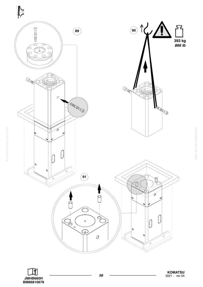 Puede incluir: Diagrama t&eacute;cnico de un componente mec&aacute;nico, con un bloque rectangular y fijaciones cil&iacute;ndricas, y primeros planos detallados. El diagrama incluye especificaciones de peso: 393 kg.