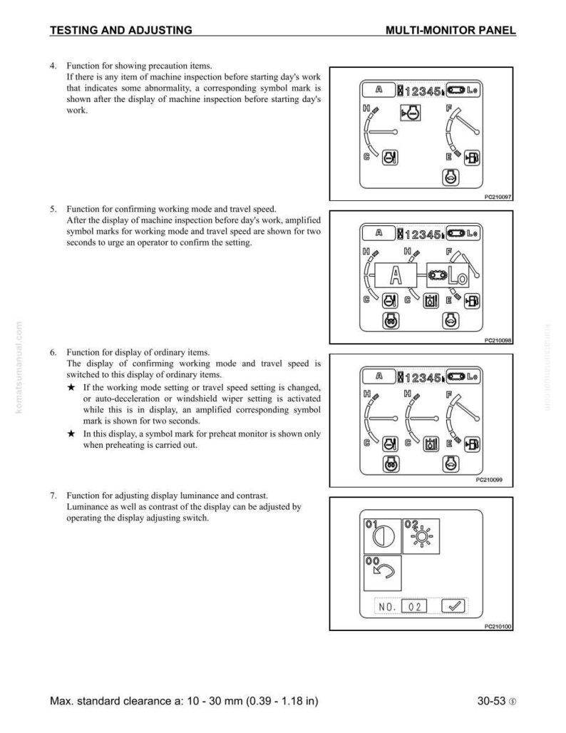 May include: A page from a manual detailing a multi-monitor panel. The text includes instructions on testing and adjusting the display, with diagrams showing various symbols and settings. The clearance is 0.39 - 1.18 inches.