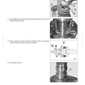 May include: Diagram from a manual showing the disassembly and assembly of a transmission. The image includes numbered steps with accompanying illustrations of parts and tools. Text includes instructions for inserting washers, seals, and rings.