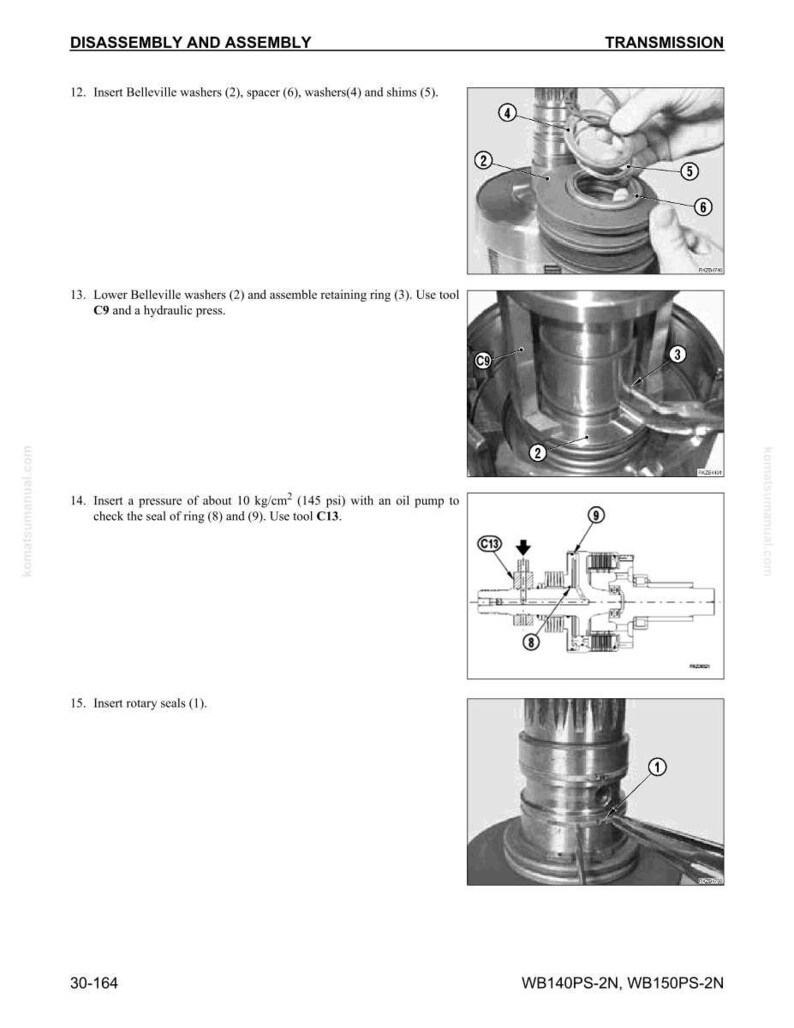 May include: Diagram from a manual showing the disassembly and assembly of a transmission. The image includes numbered steps with accompanying illustrations of parts and tools. Text includes instructions for inserting washers, seals, and rings.