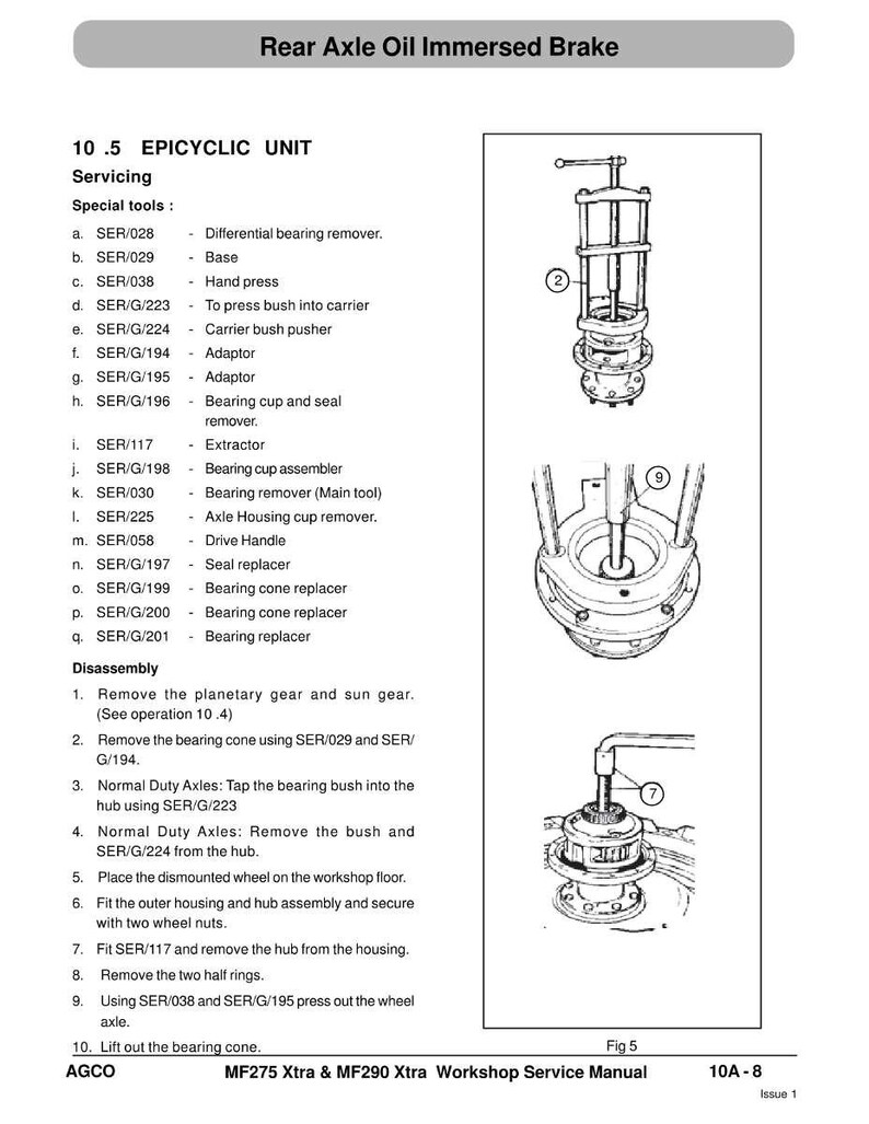 May include: A page from a workshop service manual titled "Rear Axle Oil Immersed Brake." The page includes diagrams of mechanical components, a list of special tools, and disassembly instructions. The manual is for MF275 Xtra & MF290 Xtra.