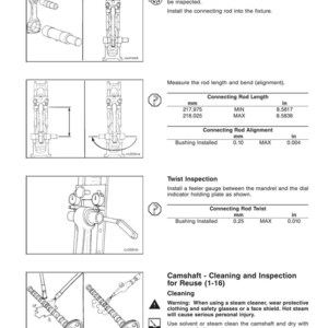 Op de afbeelding: Een technische tekening uit een handleiding, getiteld "Camshaft - Cleaning and Inspection for Reuse". Het bevat illustraties van motoronderdelen, metingen in mm en inches, en veiligheidswaarschuwingen over stoomreiniging.