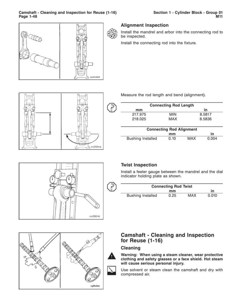 Op de afbeelding: Een technische tekening uit een handleiding, getiteld "Camshaft - Cleaning and Inspection for Reuse". Het bevat illustraties van motoronderdelen, metingen in mm en inches, en veiligheidswaarschuwingen over stoomreiniging.