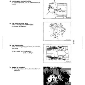 以下が含まれることがあります： 自動車部品を詳述するマニュアルからの技術図。燃料噴射管、オイルコネクタ、配管など、さまざまな部品が画像に表示されています。テキストには、Nmとkgmの指示と測定値が含まれています。