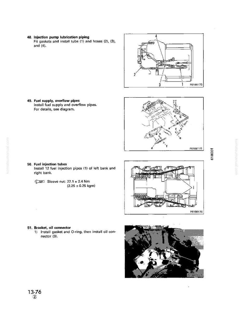 以下が含まれることがあります： 自動車部品を詳述するマニュアルからの技術図。燃料噴射管、オイルコネクタ、配管など、さまざまな部品が画像に表示されています。テキストには、Nmとkgmの指示と測定値が含まれています。