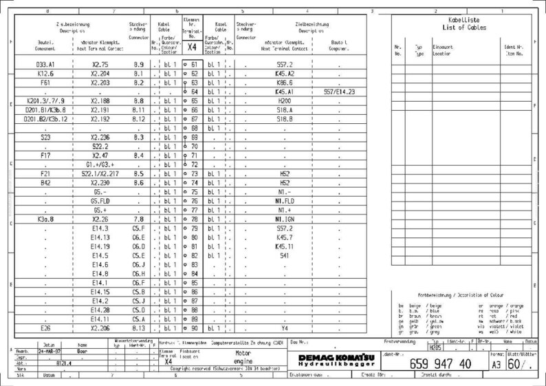 Puede incluir: Un diagrama t&eacute;cnico detallado, etiquetado como "Lista de cables", con filas y columnas de datos. El documento incluye texto en alem&aacute;n e ingl&eacute;s, con un logotipo de Demag Komatsu Hydraulikbagger.