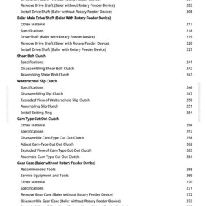May include: A detailed page from a manual, featuring a list of baler components and procedures. Text includes "Baler Main Drive Shaft," "Shear Bolt Clutch," and "Gear Case." The page number is 5.