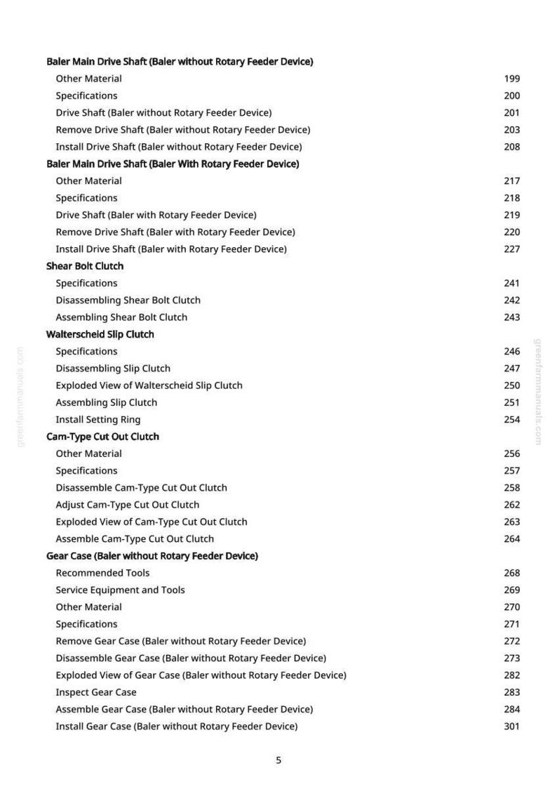 May include: A detailed page from a manual, featuring a list of baler components and procedures. Text includes "Baler Main Drive Shaft," "Shear Bolt Clutch," and "Gear Case." The page number is 5.