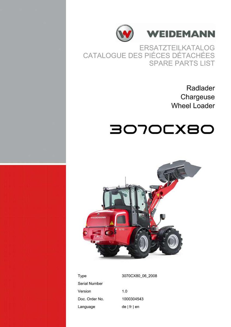 May include: A red and black Weidemann wheel loader, model 3070CX80, with a raised bucket. The image is from a spare parts list catalog. The text includes "Radlader", "Chargeuse", and "Wheel Loader".