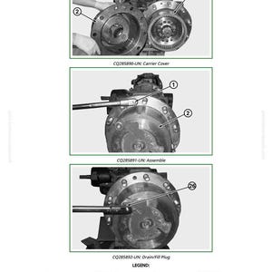 May include: Technical diagram showing the assembly of a mechanical component. The image includes close-up views of the carrier cover, assembly, and drain/fill plug. The diagram includes labels and a legend for the parts.