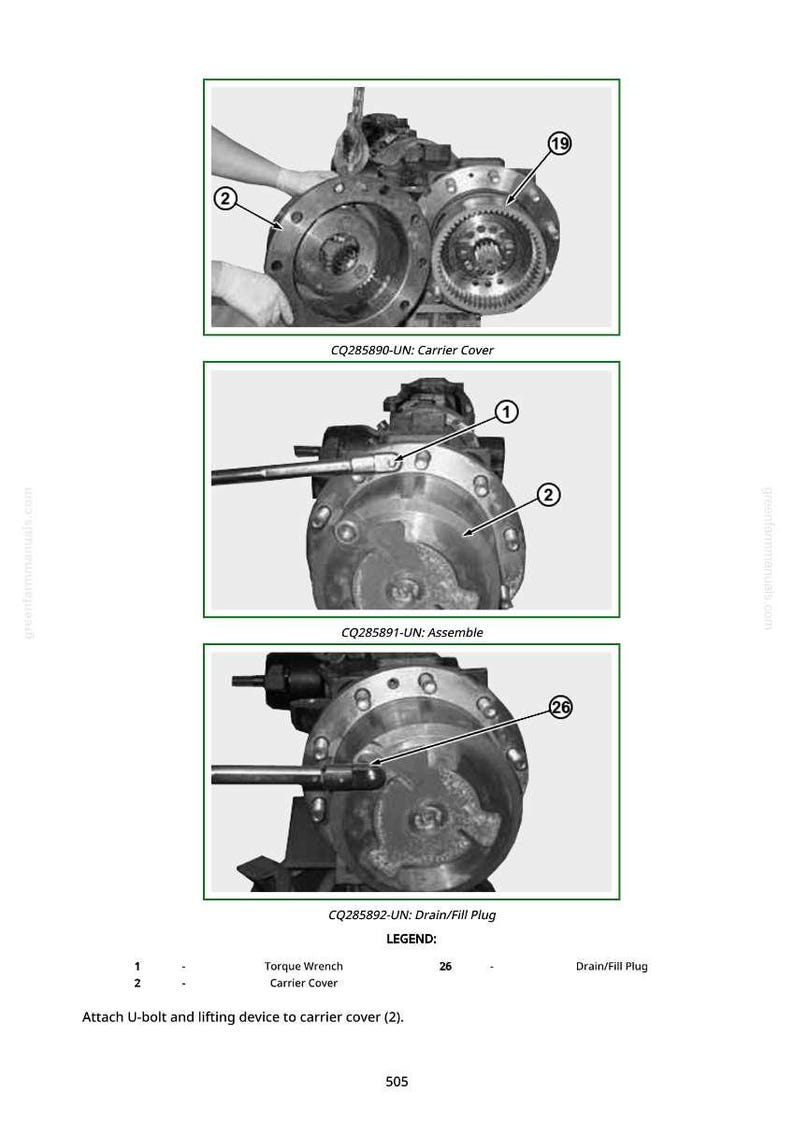 May include: Technical diagram showing the assembly of a mechanical component. The image includes close-up views of the carrier cover, assembly, and drain/fill plug. The diagram includes labels and a legend for the parts.