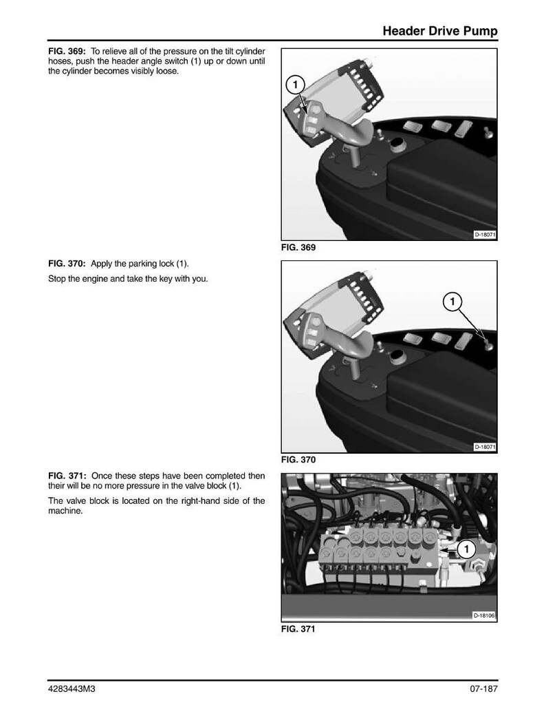 Pode incluir: Diagramas de um manual mostrando as etapas para uma bomba de acionamento do cabe&ccedil;alho. As imagens mostram o interruptor de &acirc;ngulo do cabe&ccedil;alho, a trava de estacionamento e o bloco de v&aacute;lvulas. O texto inclui instru&ccedil;&otilde;es.