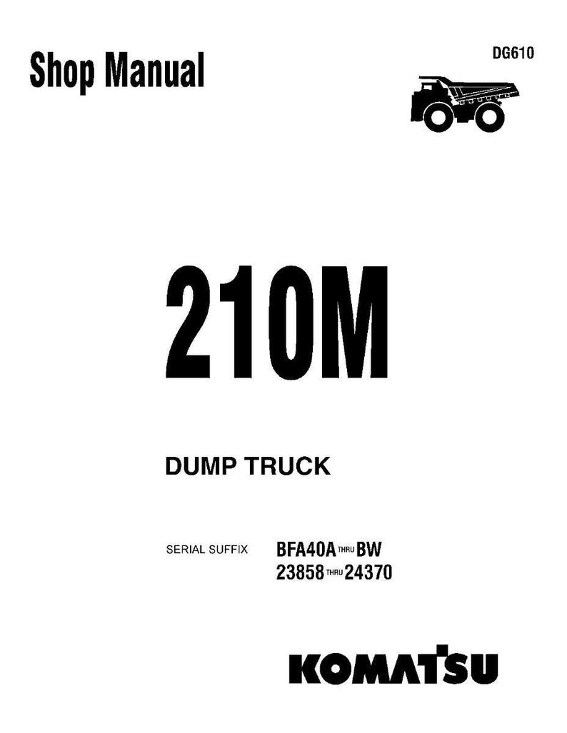 May include: A white shop manual cover with the text "Shop Manual" at the top. The manual's title, "210M DUMP TRUCK," is prominently displayed. The Komatsu logo is at the bottom, and a small illustration of a dump truck is in the upper right corner.