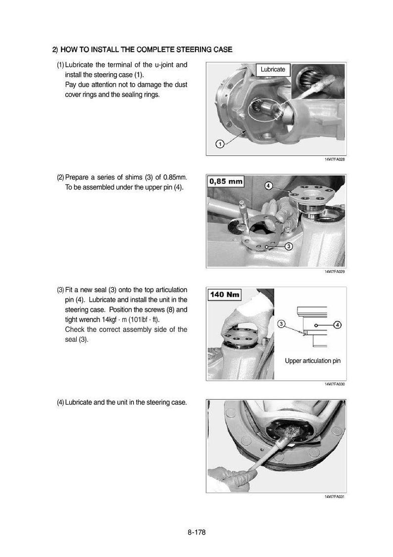 May include: Diagram illustrating the installation of a complete steering case. The image includes close-ups of components, measurements in millimeters and Newton meters, and instructions for lubrication and assembly.