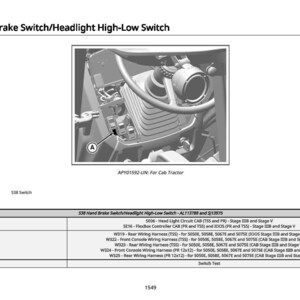 May include: Diagram of a tractor dashboard with the S38 Hand Brake Switch/Headlight High-Low Switch highlighted. The image includes a steering wheel, switches, and text labels. The text includes "For Cab Tractor."