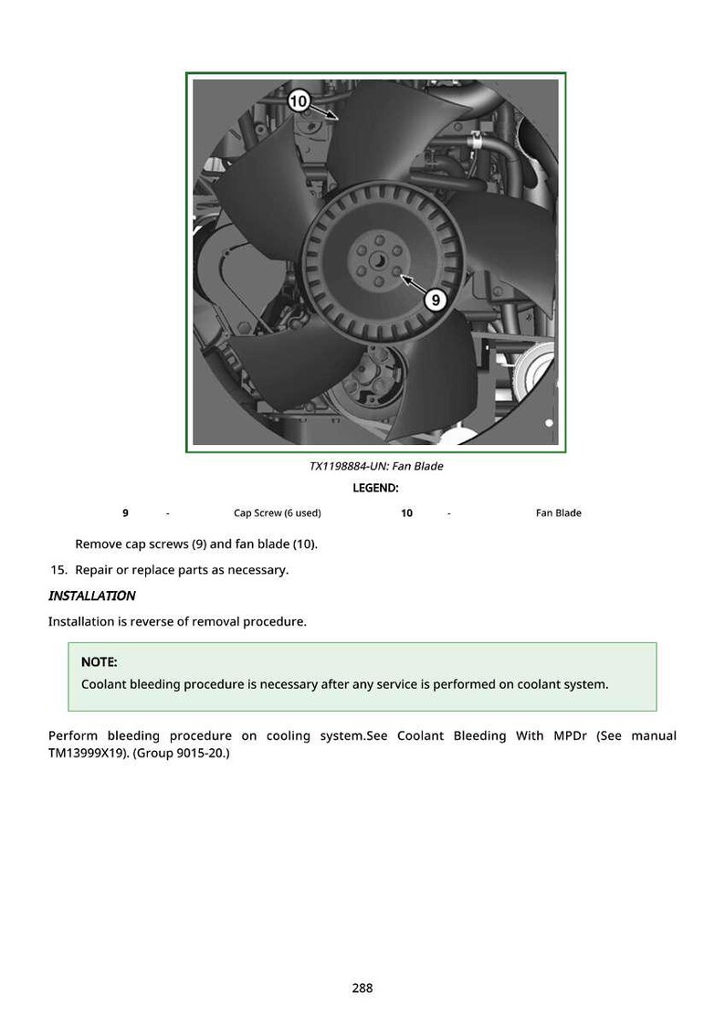 Puede incluir: Diagrama de un conjunto de aspas de ventilador con un cubo central y m&uacute;ltiples aspas. La imagen incluye etiquetas para los tornillos de la tapa y la propia aspa del ventilador, junto con texto que describe los procedimientos de extracci&oacute;n e instalaci&oacute;n.