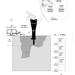 May include: Technical diagram with measurements and specifications for a Komatsu tool. Includes diagrams of components, pressure, and depth measurements in feet and inches. The diagram also includes the text "Air".