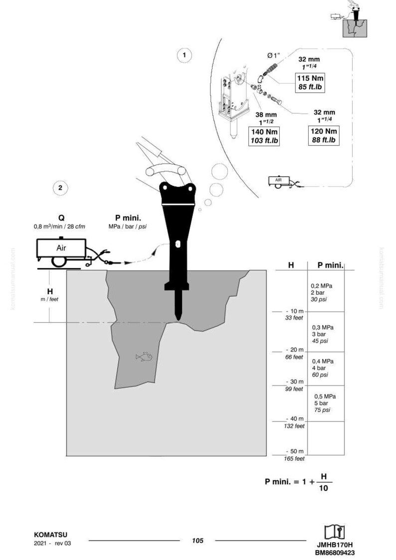 May include: Technical diagram with measurements and specifications for a Komatsu tool. Includes diagrams of components, pressure, and depth measurements in feet and inches. The diagram also includes the text "Air".