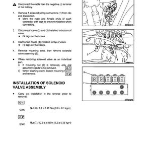 May include: Diagram showing the removal and installation of a solenoid valve assembly. Instructions detail disconnecting wiring connectors, hoses, and removing bolts. Measurements are in Newton metres and kilogram-metres.