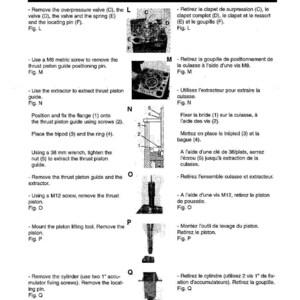 Op de afbeelding: Een Komatsu JPV2200V demontage diagram. De afbeelding toont verschillende stappen voor het demonteren van de machine, inclusief het verwijderen van kleppen, schroeven en de cilinder. Tekst en diagrammen zijn inbegrepen.