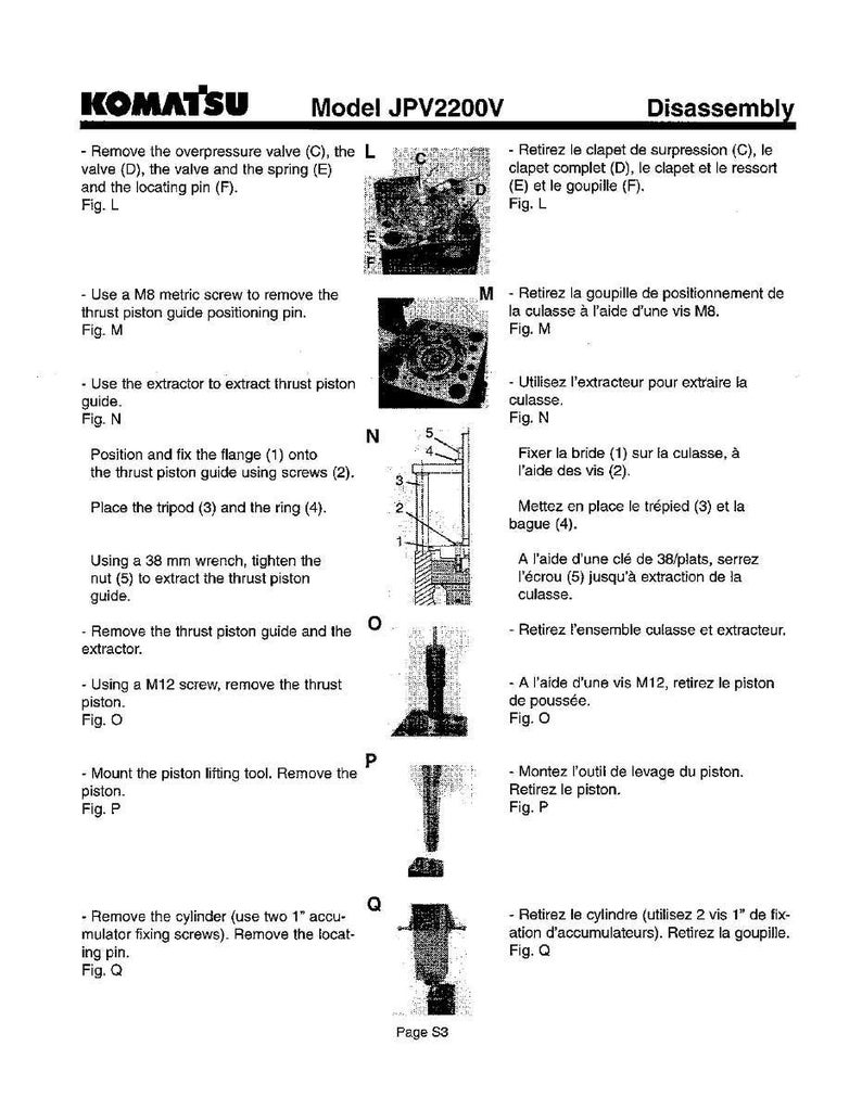 Op de afbeelding: Een Komatsu JPV2200V demontage diagram. De afbeelding toont verschillende stappen voor het demonteren van de machine, inclusief het verwijderen van kleppen, schroeven en de cilinder. Tekst en diagrammen zijn inbegrepen.