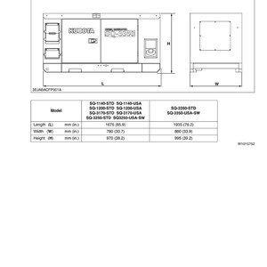 May include: Diagram of a Kubota SQ-3350 diesel generator, with dimensions in inches and millimeters. The image includes a side view and a front view, with measurements for length, width, and height. The model numbers are also listed.