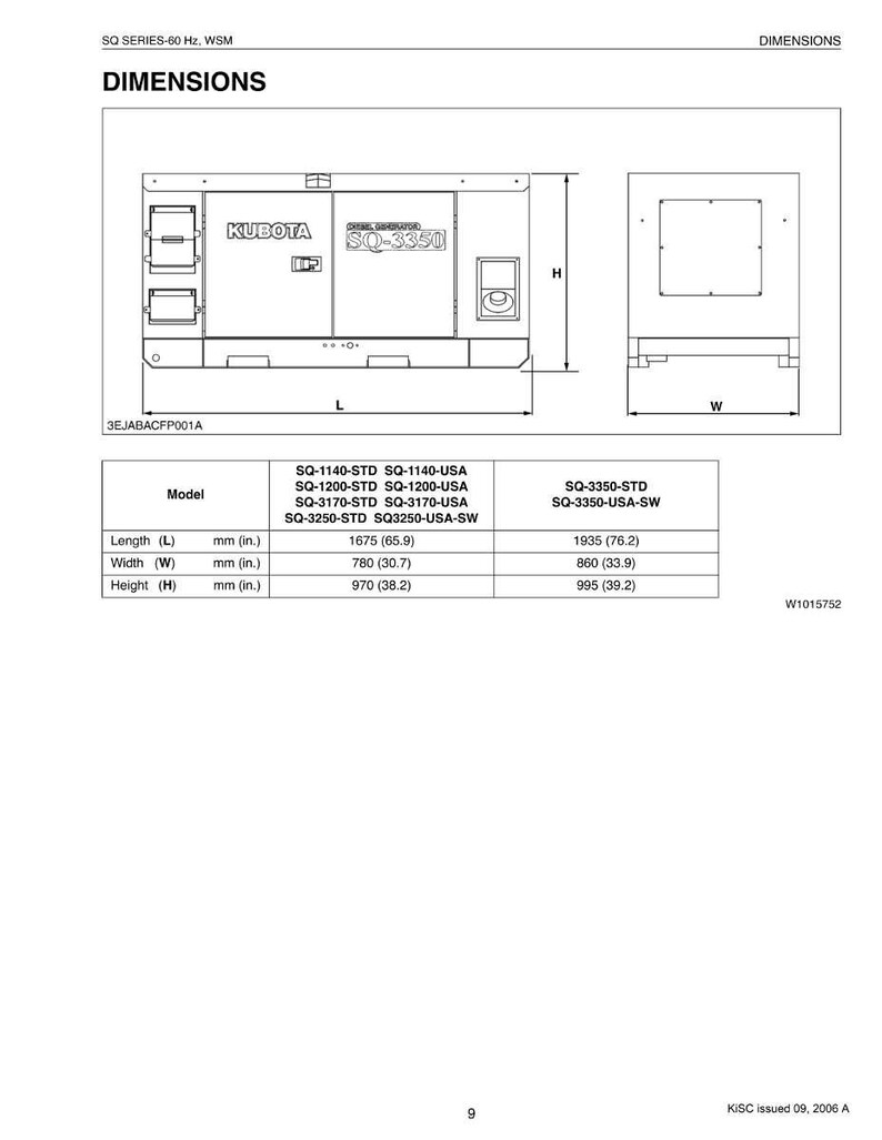 May include: Diagram of a Kubota SQ-3350 diesel generator, with dimensions in inches and millimeters. The image includes a side view and a front view, with measurements for length, width, and height. The model numbers are also listed.
