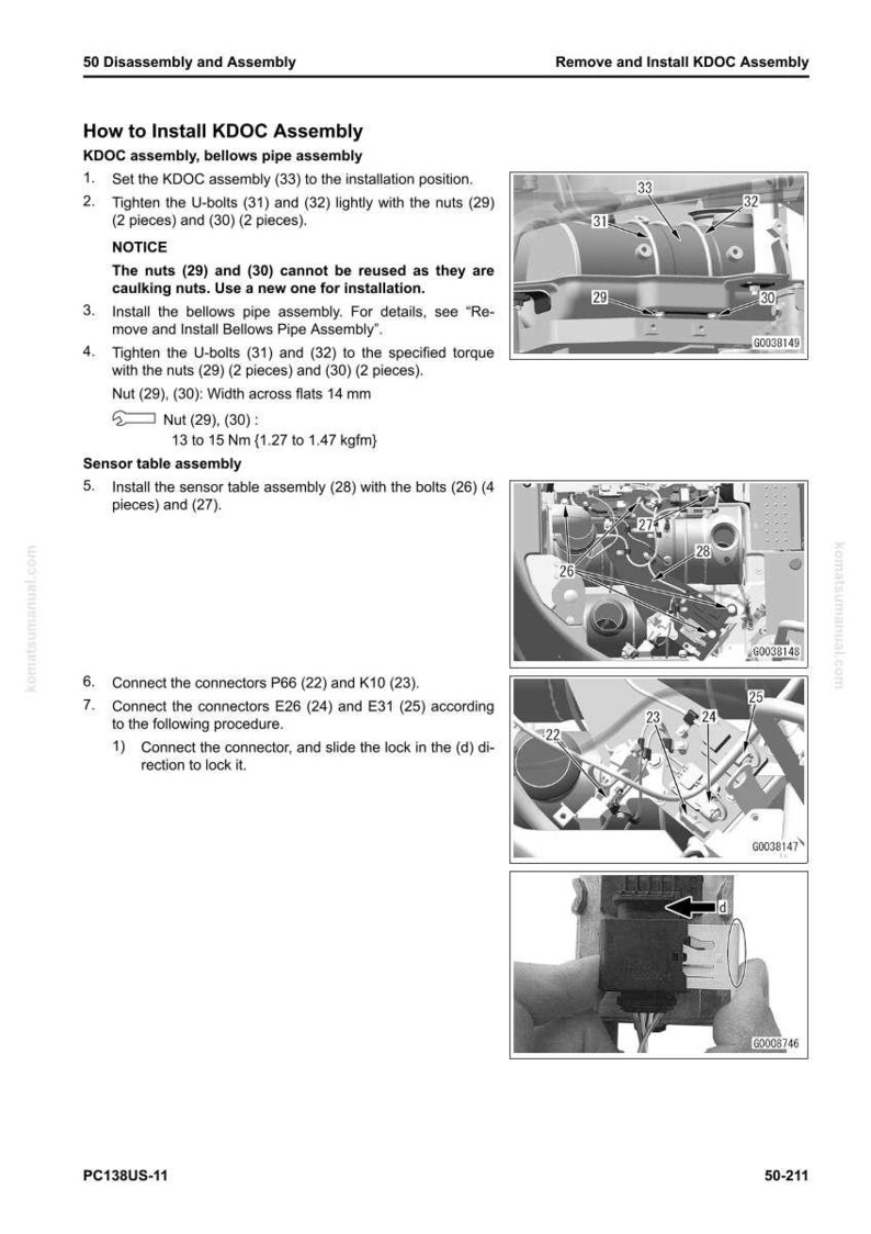 May include: A detailed diagram from a manual, showing steps for installing a KDOC assembly. The image includes close-ups of parts like U-bolts, nuts, and connectors, with measurements in millimeters and Newton meters.
