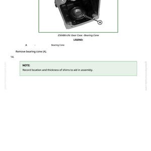 May include: Diagram of a gear case with a bearing cone labeled "A". The text reads "Remove bearing cone (A)". The image also includes the text "E56486-UN: Gear Case - Bearing Cone" and "NOTE: Record location and thickness of shims to aid in assembly."