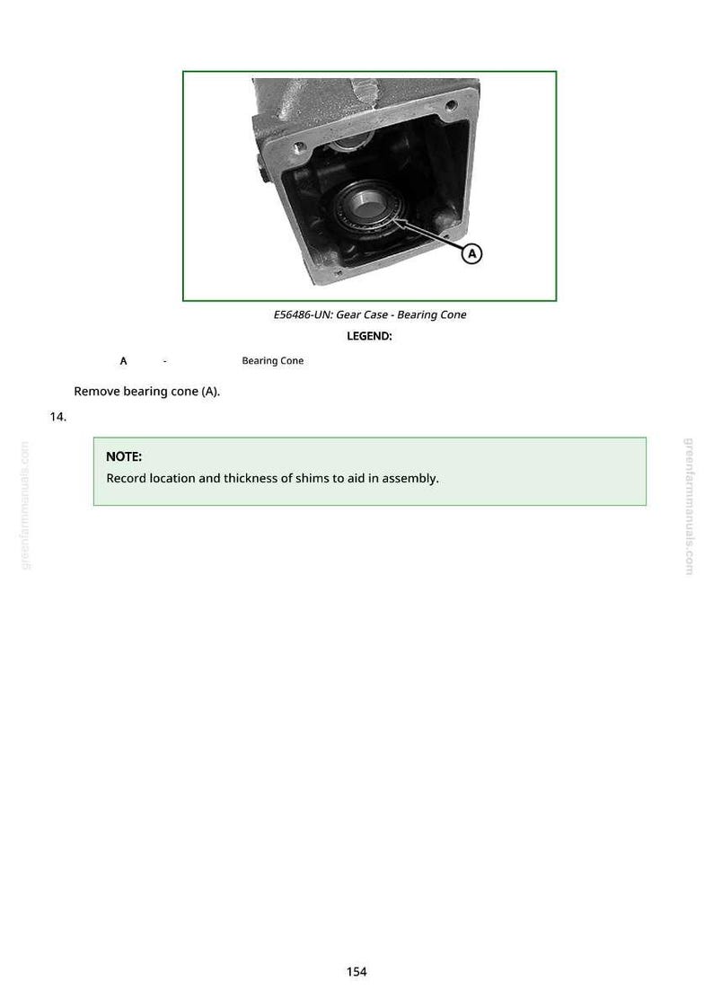 May include: Diagram of a gear case with a bearing cone labeled "A". The text reads "Remove bearing cone (A)". The image also includes the text "E56486-UN: Gear Case - Bearing Cone" and "NOTE: Record location and thickness of shims to aid in assembly."
