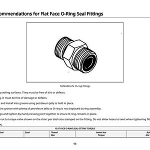 May include: An illustration of a flat face O-ring seal fitting. The fitting is cylindrical with external threads and a hexagonal nut. The image is accompanied by service recommendations for the fitting.