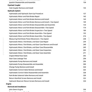 May include: A page from a manual with a list of procedures for a John Deere engine. The text includes instructions for removing and installing various components, such as the drive chain, flywheel coupler, and hydraulic system.
