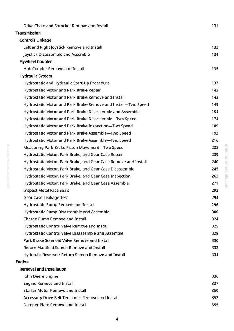 May include: A page from a manual with a list of procedures for a John Deere engine. The text includes instructions for removing and installing various components, such as the drive chain, flywheel coupler, and hydraulic system.