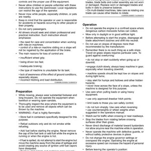 May include: A page from a safety manual detailing training, preparation, and operational guidelines for machinery. It features warnings about fuel, slopes, and safety equipment. The text is black on a white background.